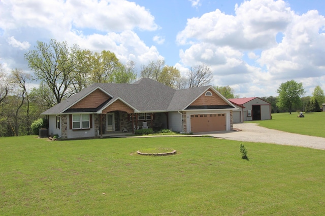 289 Frog Pond Rd, Seymour, MO 65746 - craftsman-style house featuring an attached garage, central AC unit, a front yard, a porch, and gravel driveway
