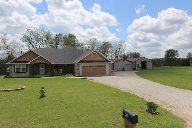 289 Frog Pond Rd, Seymour, MO 65746 - craftsman-style house with driveway, an attached garage, stone siding, roof with shingles, and a front lawn