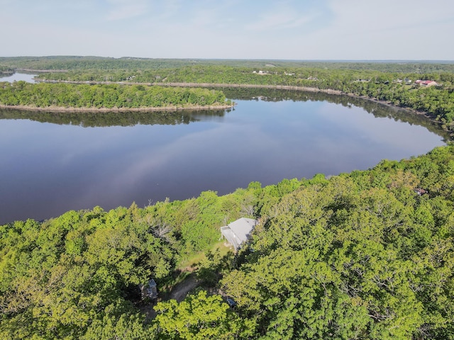 25454 Tulip Pl, Urbana, MO 65767 - aerial view featuring a wooded view and a water view
