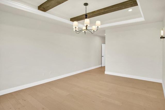 spare room featuring beam ceiling, a chandelier, light wood-type flooring, baseboards, and recessed lighting