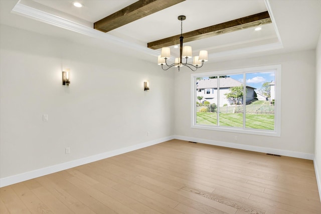 unfurnished dining area with beam ceiling, a chandelier, wood-type flooring, baseboards, and recessed lighting