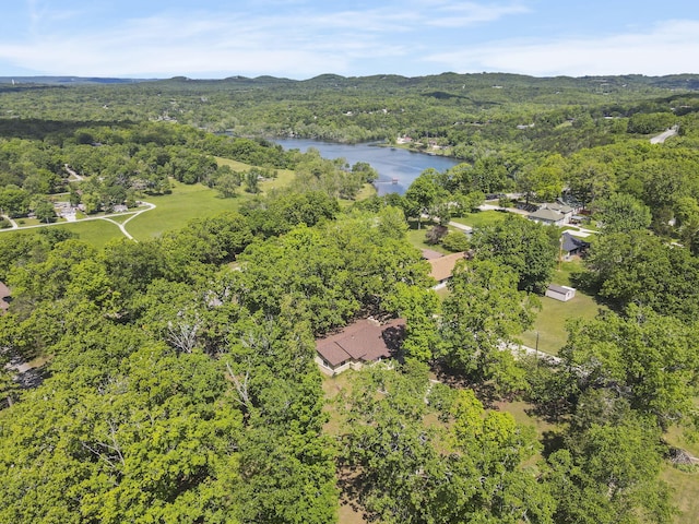 aerial view featuring a forest view and a water and mountain view