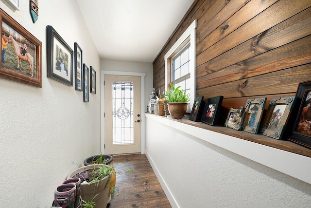 doorway with baseboards and dark wood finished floors