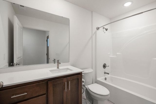 full bath with toilet, shower / tub combination, vanity, visible vents, and tile patterned flooring