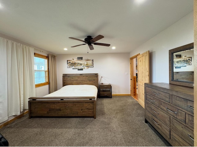 bedroom featuring baseboards, dark carpet, ceiling fan, and recessed lighting