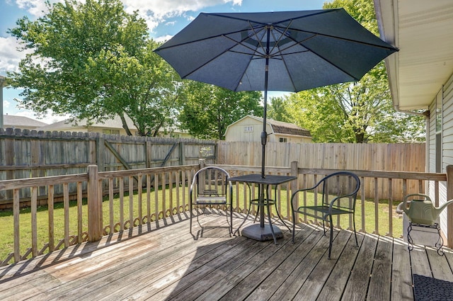 deck with a lawn and a fenced backyard