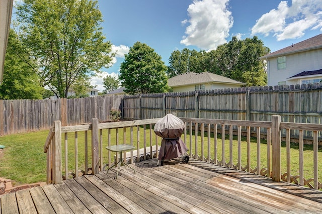 wooden terrace featuring a yard and a fenced backyard