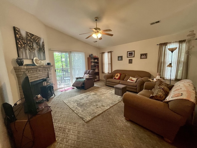 380 Deer Run Rd, Branson, MO 65616 - carpeted living area with a ceiling fan, lofted ceiling, and a brick fireplace