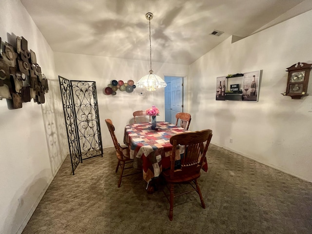 380 Deer Run Rd, Branson, MO 65616 - dining room featuring a chandelier, carpet floors, and vaulted ceiling