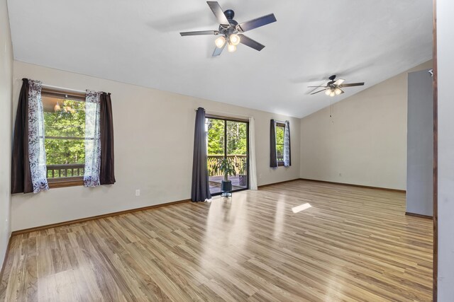 408 Meadowlark Rd, Branson West, MO 65737 - unfurnished room with light wood finished floors, vaulted ceiling, baseboards, and ceiling fan