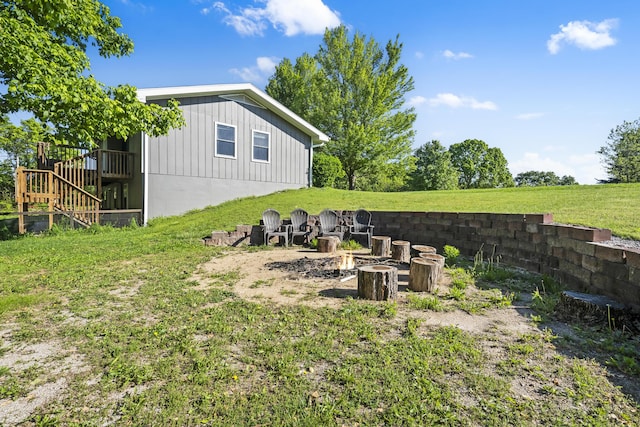 408 Meadowlark Rd, Branson West, MO 65737 - view of yard featuring an outdoor fire pit, stairs, and a deck
