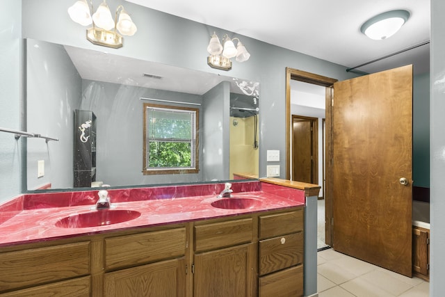 408 Meadowlark Rd, Branson West, MO 65737 - bathroom with a sink, double vanity, walk in shower, and tile patterned flooring