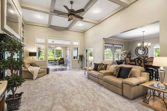 living room with a ceiling fan, a chandelier, coffered ceiling, carpet floors, and beamed ceiling