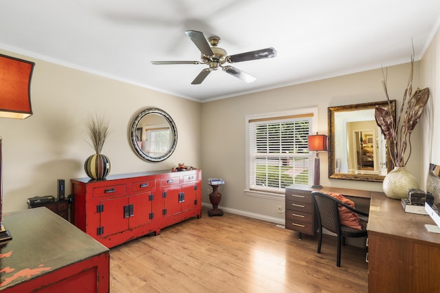 office featuring a ceiling fan, light wood-style floors, baseboards, and crown molding