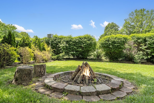 view of grassy yard featuring a fire pit