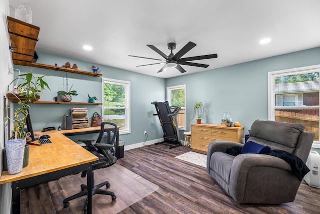 office space with wood finished floors, ceiling fan, healthy amount of natural light, and recessed lighting