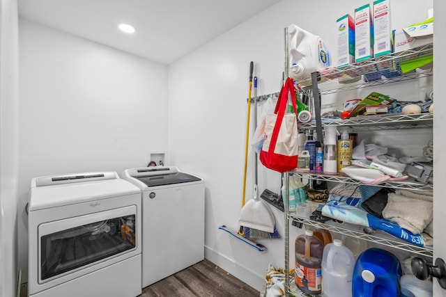 laundry room featuring washer and dryer, wood finished floors, recessed lighting, and baseboards