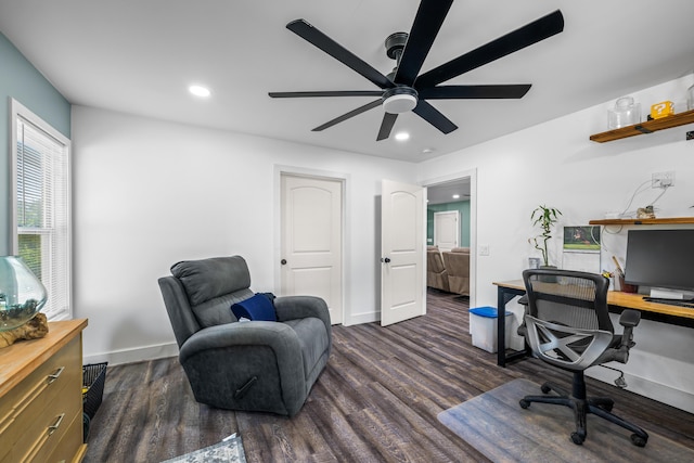 office featuring dark wood-type flooring, ceiling fan, baseboards, and recessed lighting