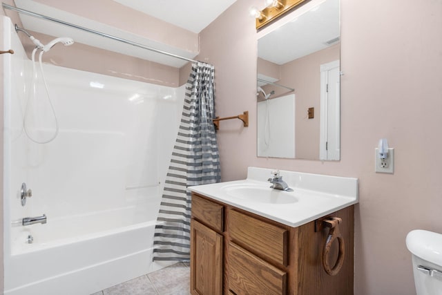 full bath with toilet, vanity, shower / bath combo, and tile patterned flooring
