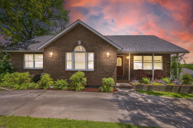 view of front of home featuring brick siding and a shingled roof