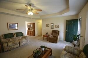 living area with a tray ceiling, a ceiling fan, and carpet floors