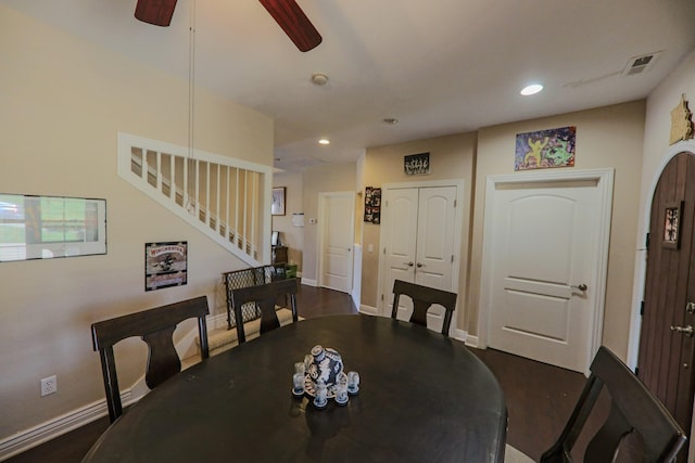 134 Monte Christo Dr, Hollister, MO 65672 - dining area with a ceiling fan, recessed lighting, stairs, baseboards, and dark wood-type flooring