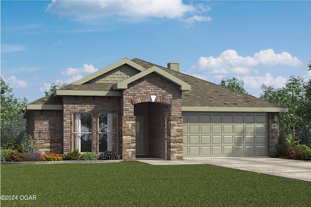 view of front facade featuring concrete driveway, an attached garage, a front yard, a chimney, and stone siding