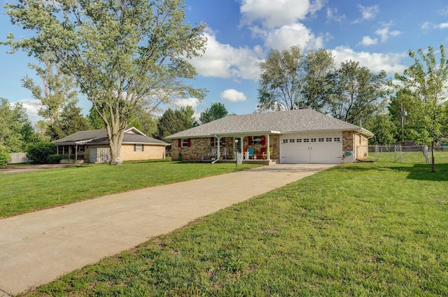 ranch-style house featuring driveway, an attached garage, brick siding, and a porch