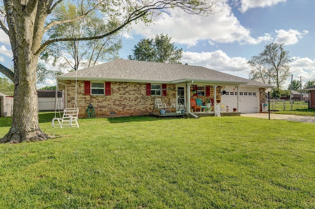 single story home featuring a garage, brick siding, driveway, covered porch, and a shingled roof
