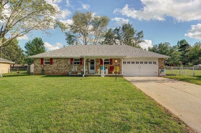 ranch-style home featuring a garage, covered porch, concrete driveway, brick siding, and a shingled roof