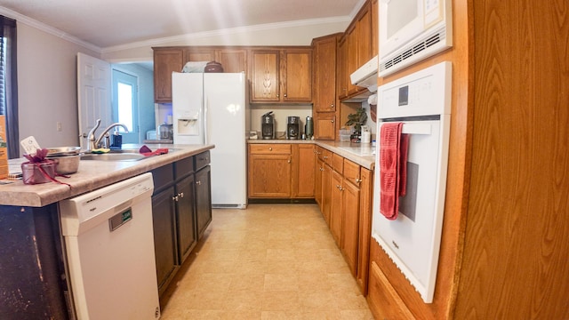1156 SE 180th Rd, Clinton, MO 64735 - kitchen featuring white appliances, a sink, light flooring, under cabinet range hood, and light countertops