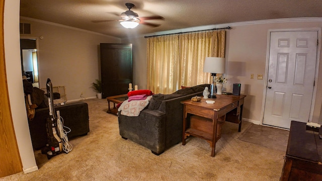 1156 SE 180th Rd, Clinton, MO 64735 - living room with light colored carpet, ceiling fan, ornamental molding, baseboards, and a textured ceiling