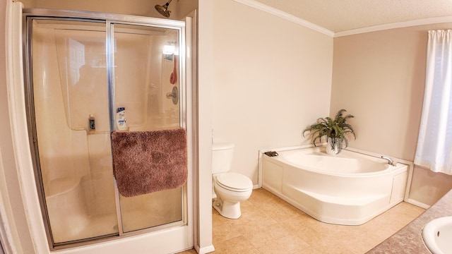 1156 SE 180th Rd, Clinton, MO 64735 - full bathroom with ornamental molding, a shower stall, toilet, a bath, and baseboards