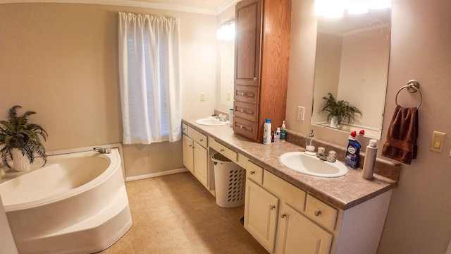 1156 SE 180th Rd, Clinton, MO 64735 - bathroom with crown molding, double vanity, a bath, and baseboards
