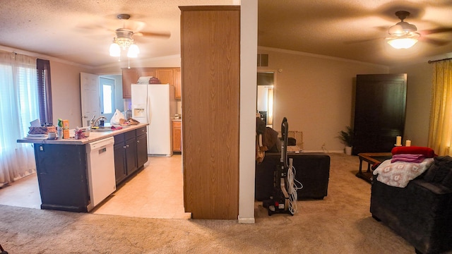 1156 SE 180th Rd, Clinton, MO 64735 - kitchen with ceiling fan, white appliances, a sink, crown molding, and light carpet