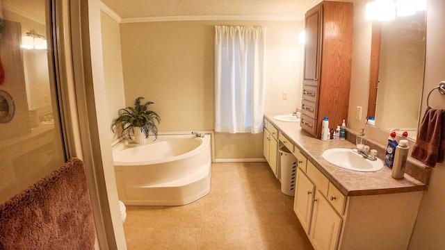 1156 SE 180th Rd, Clinton, MO 64735 - full bathroom with a bath, double vanity, a shower stall, baseboards, and crown molding