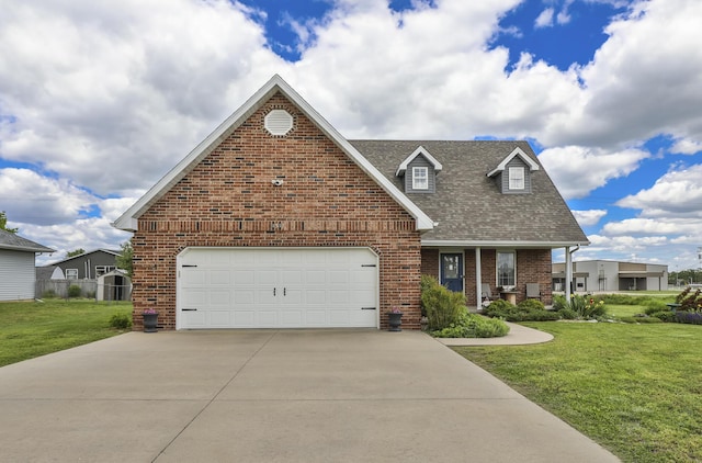 view of front facade with driveway, brick siding, a front yard, a shingled roof, and an attached garage