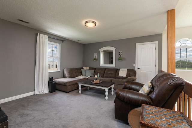 carpeted living area featuring a textured ceiling and baseboards