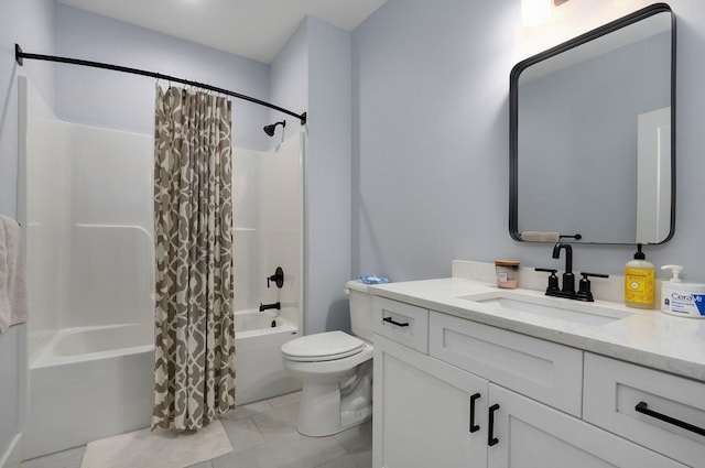 bathroom featuring shower / bath combination with curtain, toilet, tile patterned floors, and vanity