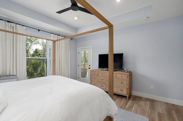 bedroom featuring light wood-type flooring, baseboards, access to exterior, recessed lighting, and ceiling fan