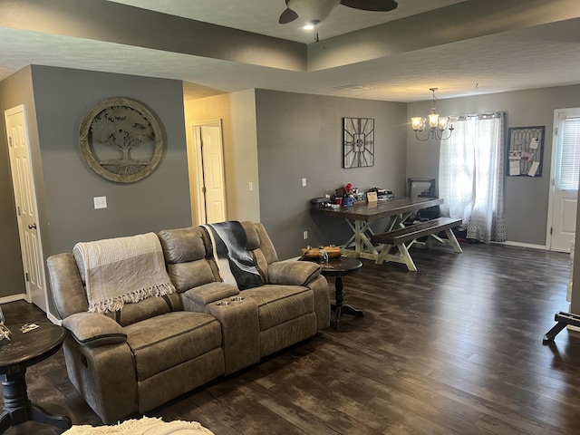 156 Southern Cross Dr, Clever, MO 65631 - living room featuring dark wood-style flooring, ceiling fan, a chandelier, and baseboards