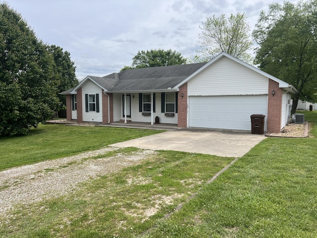 156 Southern Cross Dr, Clever, MO 65631 - ranch-style home featuring concrete driveway, a garage, brick siding, cooling unit, and covered porch