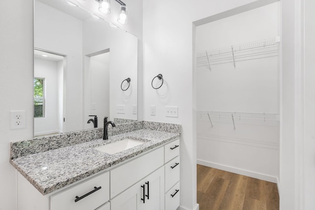 303 W Odell St, Marionville, MO 65705 - bathroom featuring wood finished floors, vanity, and a walk in closet