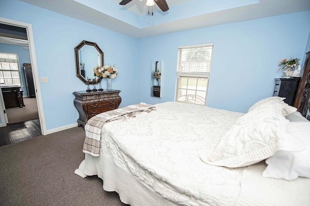 824 E Crystal Ave, Nixa, MO 65714 - bedroom with dark carpet, baseboards, a raised ceiling, and ceiling fan