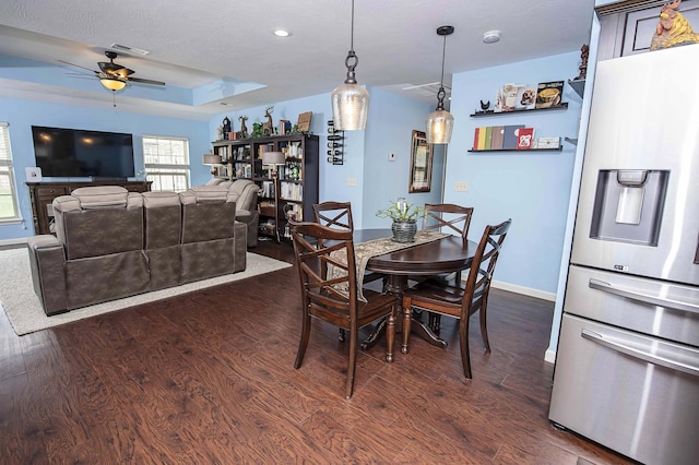 824 E Crystal Ave, Nixa, MO 65714 - dining area featuring a ceiling fan, dark wood-style floors, a raised ceiling, baseboards, and recessed lighting