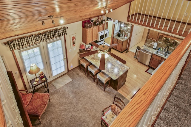 147 Liberty Ln, Kimberling City, MO 65686 - living room featuring wooden ceiling, vaulted ceiling, and light wood finished floors