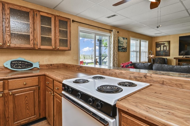 147 Liberty Ln, Kimberling City, MO 65686 - kitchen featuring electric stove, brown cabinetry, open floor plan, glass insert cabinets, and wood counters