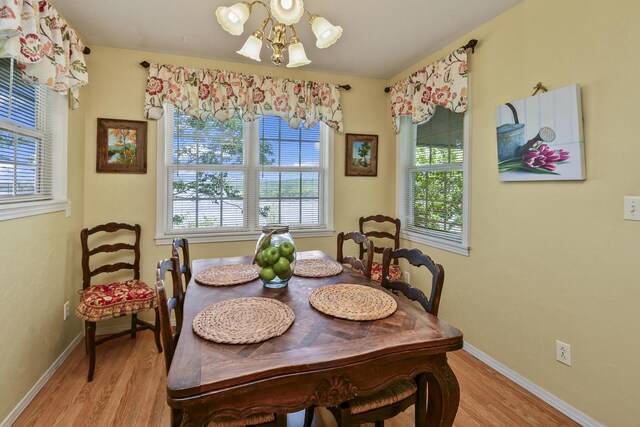 147 Liberty Ln, Kimberling City, MO 65686 - dining space with a chandelier, light wood finished floors, and baseboards
