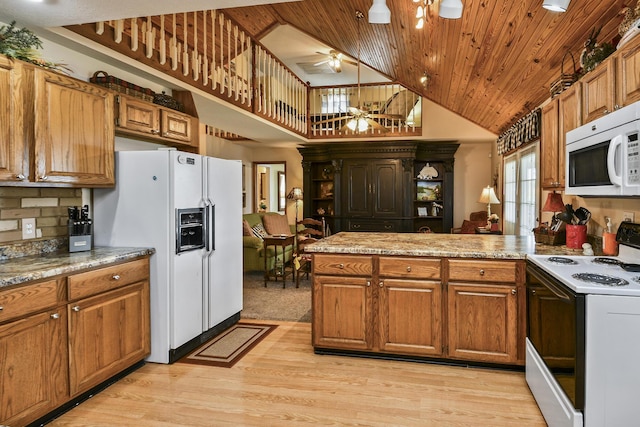 147 Liberty Ln, Kimberling City, MO 65686 - kitchen featuring white appliances, a peninsula, high vaulted ceiling, brown cabinetry, and wooden ceiling