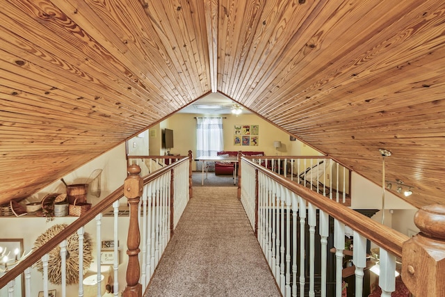 147 Liberty Ln, Kimberling City, MO 65686 - hallway featuring carpet floors, wooden ceiling, an upstairs landing, and lofted ceiling